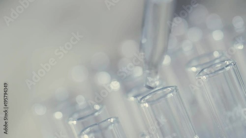 laboratory scientist working with a pipette analyzes and extract the DNA or molecules in the test tubes.on blue background