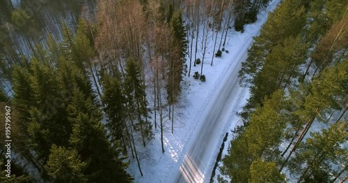 Car in a Winter forest, Cinema 4k aerial view of a car driving between trees, on gullo island, in the archipelago, on a cold winter evening dawn, in Raasepori, Uusimaa, Finland photo