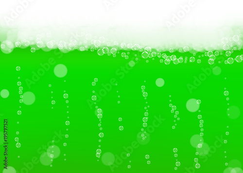 Green beer background for Saint Patricks Day with bubble foam. Cool beverage for restaurant menu design, banners and flyers. Realistic backdrop with green beer for St. Patrick. Cold lager pint