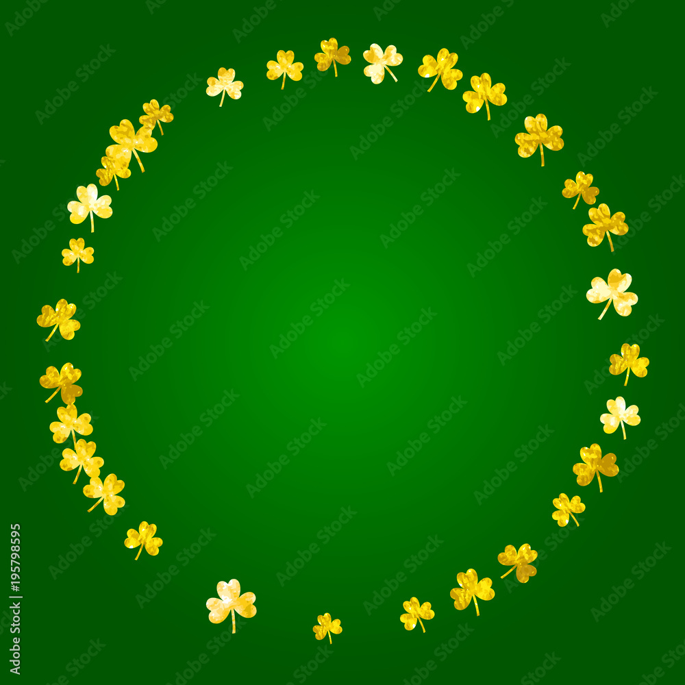 Saint patricks day background with shamrock. Lucky trefoil confetti. Glitter frame of clover leaves. Template for gift coupons, vouchers, ads, events. Celtic saint patricks day backdrop.