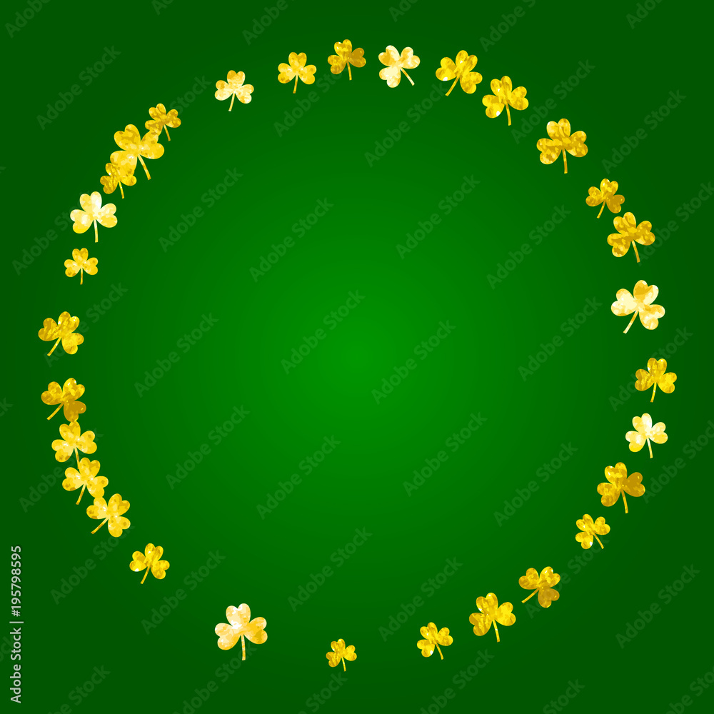 Obraz premium Saint patricks day background with shamrock. Lucky trefoil confetti. Glitter frame of clover leaves. Template for gift coupons, vouchers, ads, events. Celtic saint patricks day backdrop.