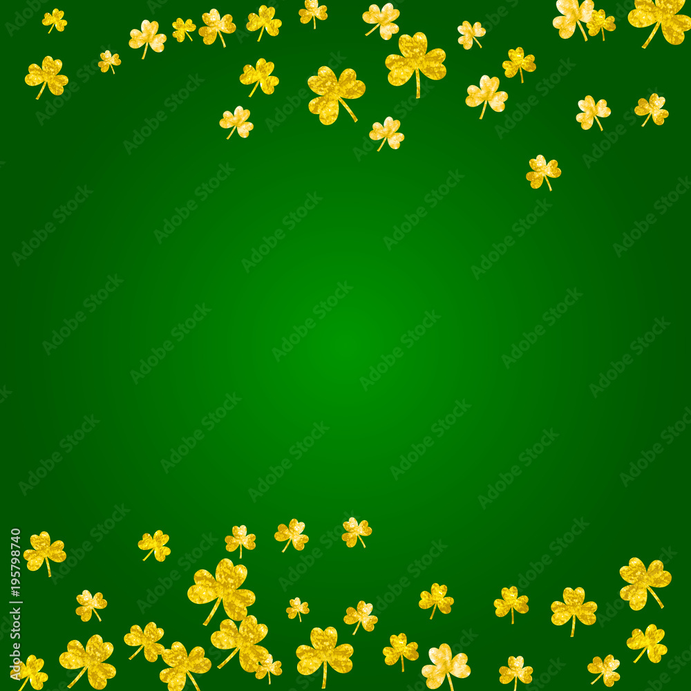 Obraz premium St patricks day background with shamrock. Lucky trefoil confetti. Glitter frame of clover leaves. Template for voucher, special business ad, banner. Happy st patricks day backdrop.
