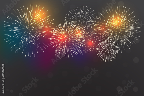 Colorful firework vector pattern on dark background.