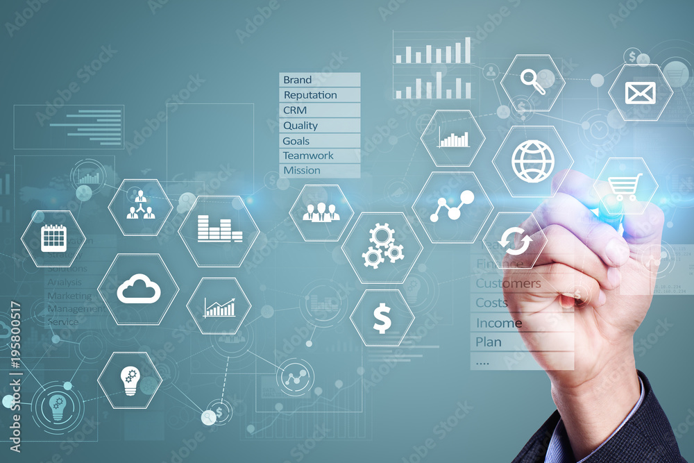 Business and technology concept. Graphs and icons on virtual screen background. Business and technology concept. Graphs and icons on virtual screen background.