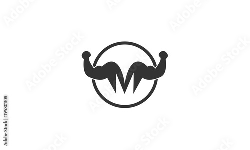 Muscle Logo with Initial Letter M-vector, Letter M Logo With barbell bicep. Fitness Gym logo. Love fitness logo template. 