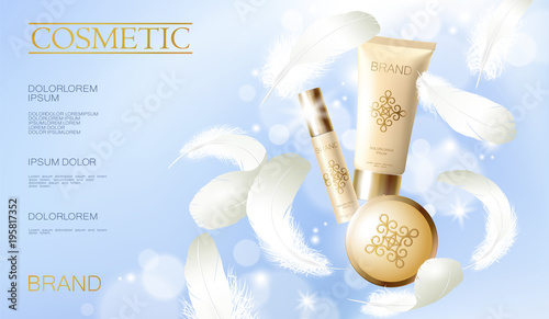 Realistic foundation powder. Tube spray, container golden cosmetic light background blue sunny sky spring white feather. 3d template mock up branding cosmetic makeup product vector illustration