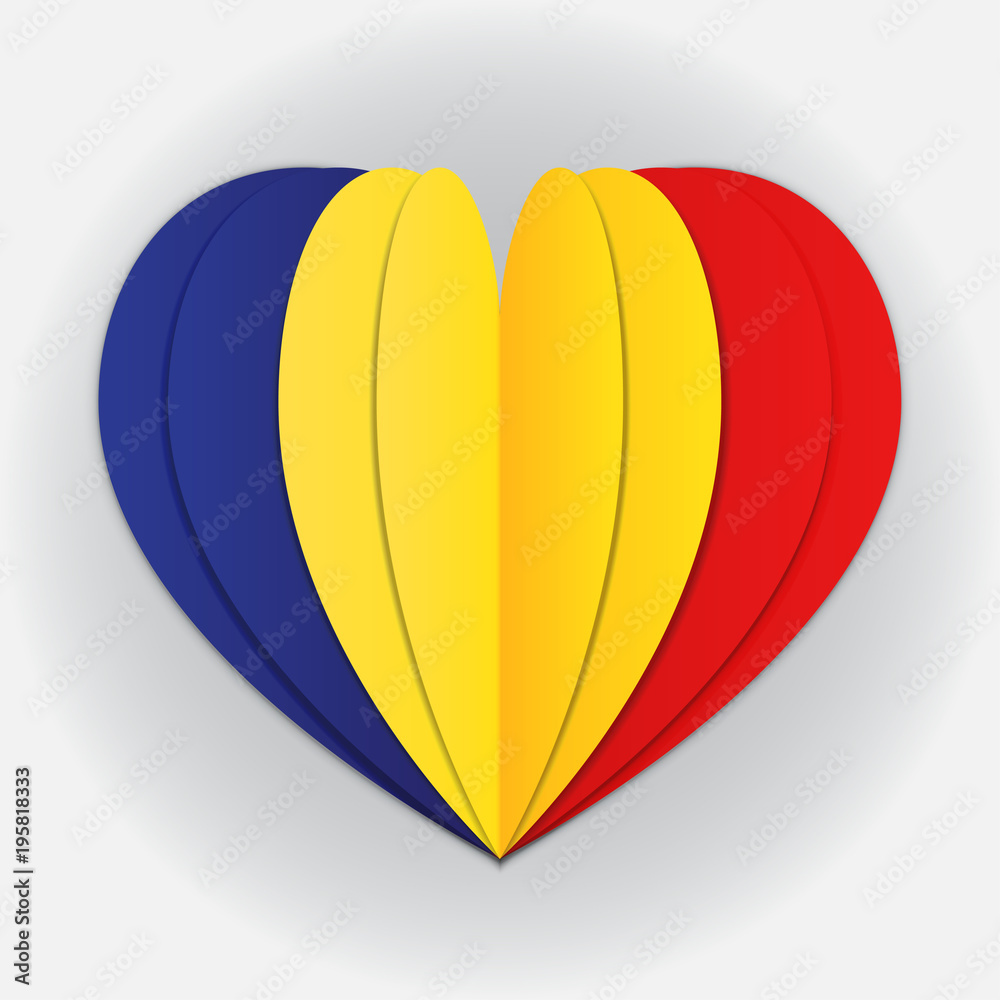 Romania flag paper cut heart. Independence Day. Love of country. Use for brochures, printed materials, logos, signs, elements, etc. Vector icon. Romania flag paper cut heart. Independence Day. Love of country. Use for brochures, printed materials, logos, signs, elements, etc. Vector icon.