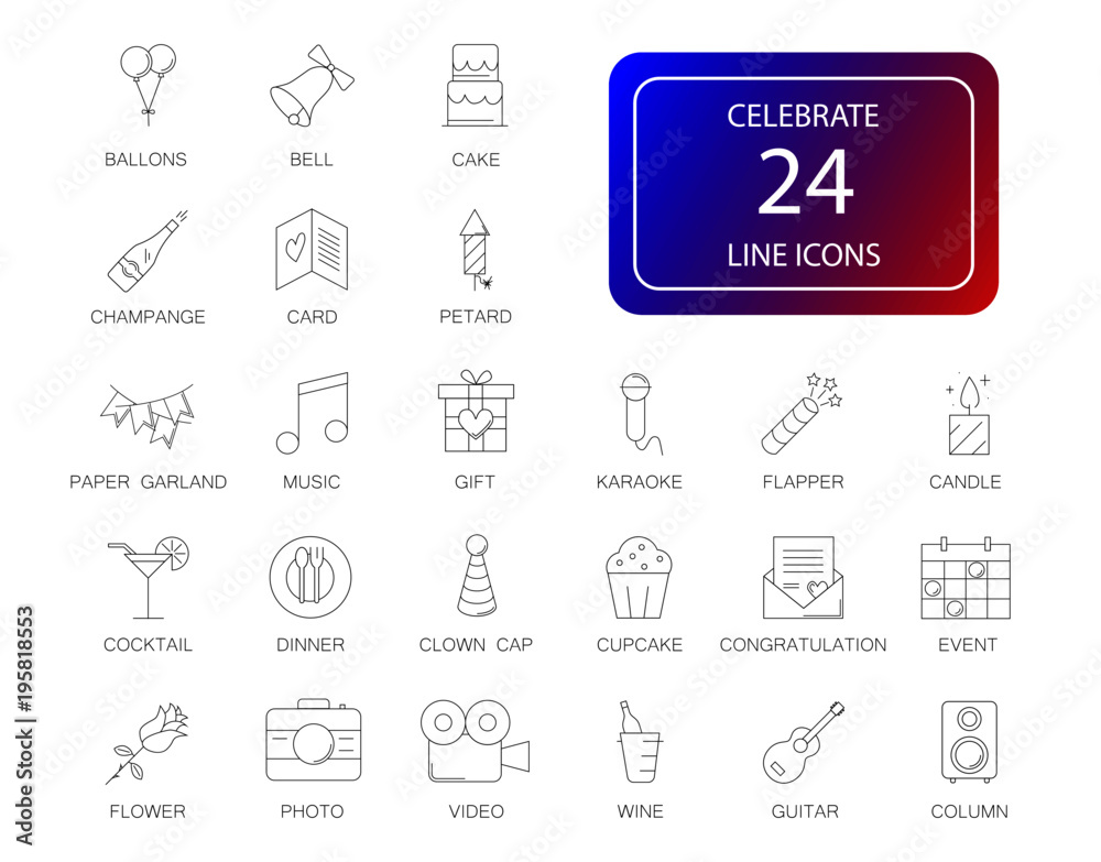 Line icons set. Celebrate pack. Vector illustration	