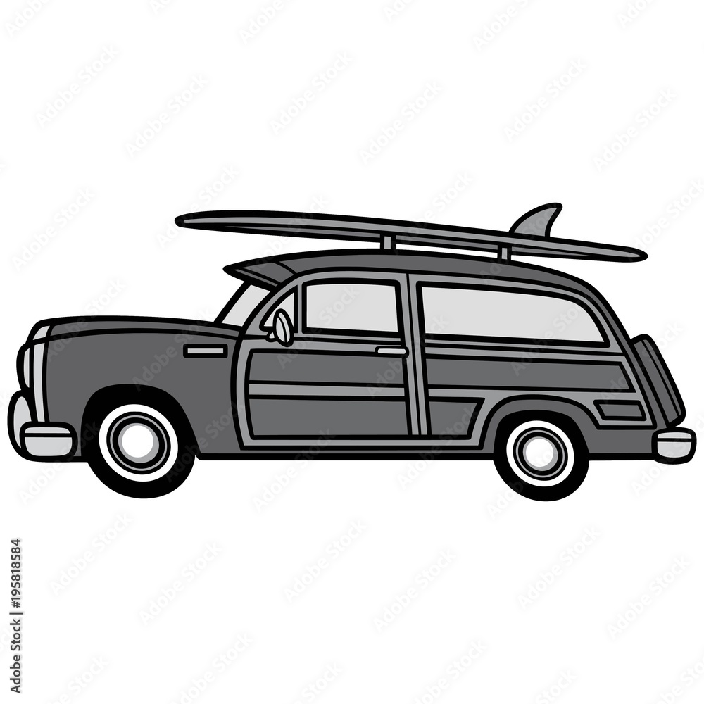 Woodie Surf Wagon Illustration - A vector cartoon illustration of a Woodie Surf Wagon.