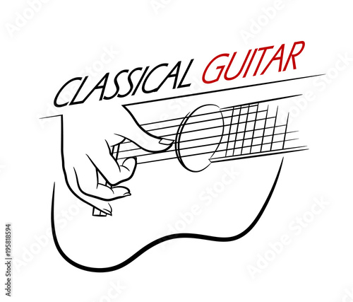 Classical Guitar Logo of Hand Plucking A Guitar Strings, a hand drawn vector illustration of a hand playing a guitar.