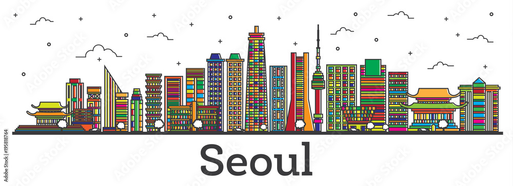 Outline Seoul South Korea City Skyline with Color Buildings Isolated on White.