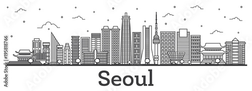 Outline Seoul South Korea City Skyline with Modern Buildings Isolated on White.