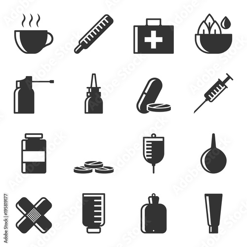 Set of icons of treatment of diseases by various methods and means. Vector, white background.