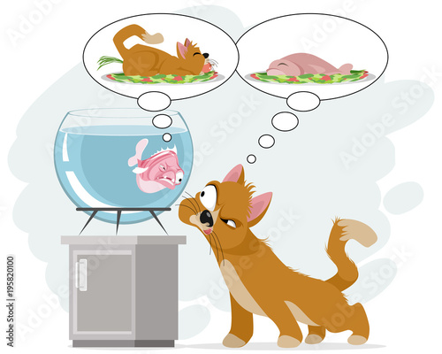 Cat and fish in aquarium