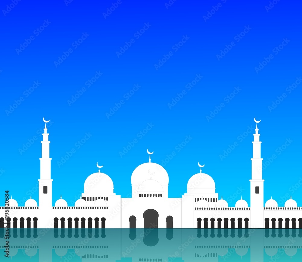 White mosque and reflection on blue background