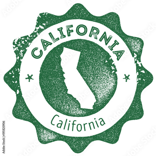 California map vintage stamp. Retro style handmade label, badge or element for travel souvenirs. Dark green rubber stamp with us state map silhouette. Vector illustration.