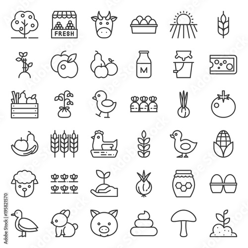 organic farming products icon, such as hen, milk, orange, tomato, honey, sheep, eggs, outline icon set