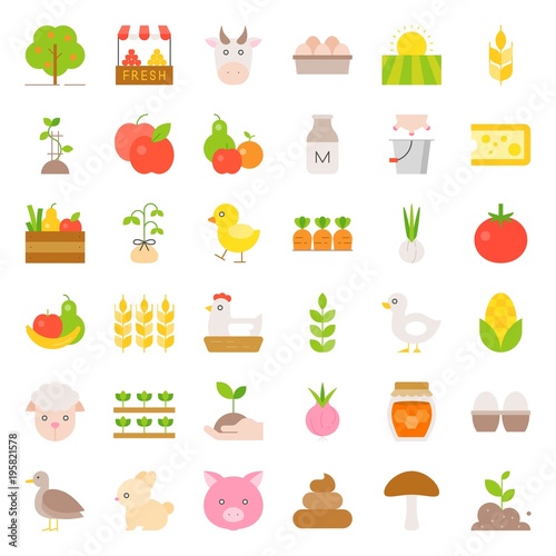 organic farming products icon, such as hen, milk, orange, tomato, honey, sheep, eggs, flat design