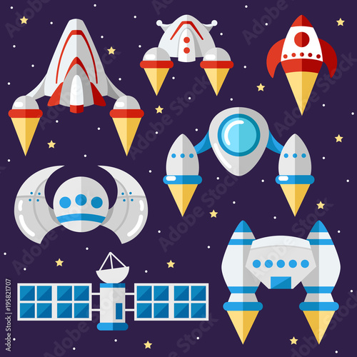 set of spacecraft and satellites. vector cartoon illustration. space