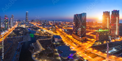 Photography Seoul city with Beautiful after sunset and Skyscraper, Central park in Songdo District, Incheon South Korea