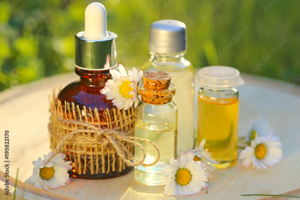 Natural essential chamomile oil. set of chamomile oil in glass bottles on a round wooden board in green grass in the sun rays. Organic vegan natural cosmetics Natural essential chamomile oil. set of chamomile oil in glass bottles on a round wooden board in green grass in the sun rays. Organic vegan natural cosmetics