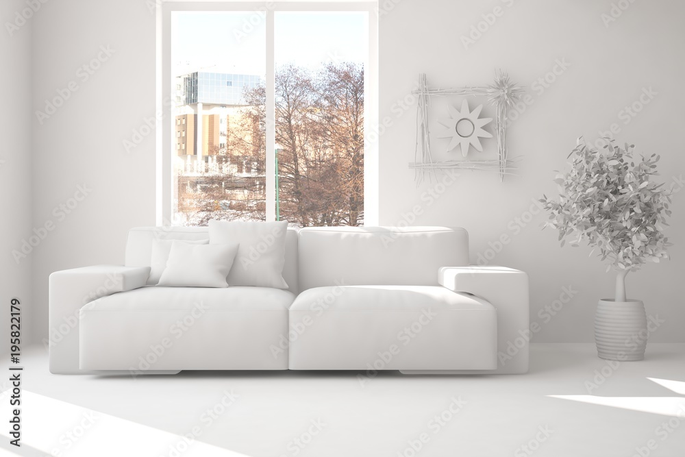 Fototapeta premium White room with sofa. Scandinavian interior design. 3D illustration