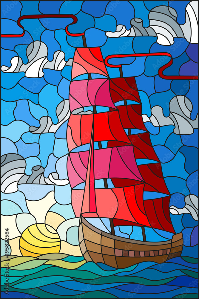 Illustration in stained glass style with an old ship sailing with red sails against the sea, sun and sky, seascape 