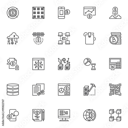 Cryptocurrency outline icons set. linear style symbols collection, line signs pack. vector graphics. Set includes icons as bitcoin , mining asic farm , exchange rates chart, cryptocurrency blockchain