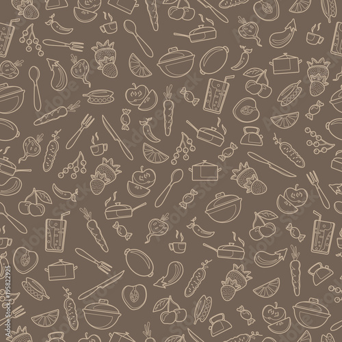 Seamless pattern with outline icons on a theme kitchen accessories and food,beige outline on a brown background