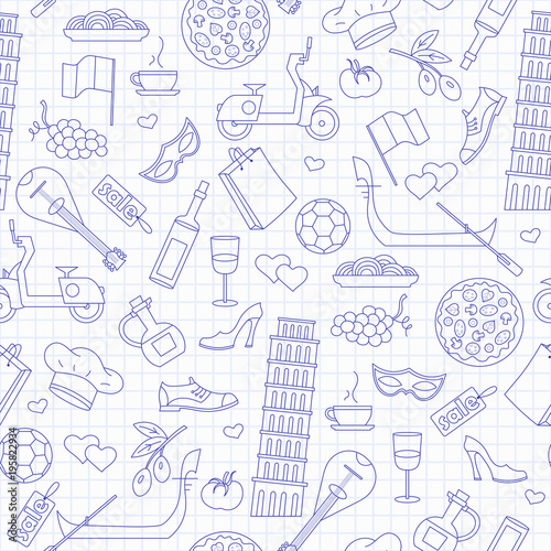 Seamless pattern on the theme of journey in the country of Italy, blue  contour  icons on the clean writing-book sheet in a cage