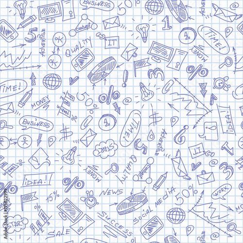 Seamless pattern on the theme of business   simple contour icons  blue  contour  icons on the clean writing-book sheet in a cage