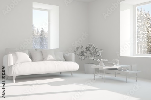 White room with sofa. Scandinavian interior design. 3D illustration