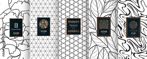 Collection of design elements,labels,icon,frames, for packaging,design of luxury products.for perfume,soap,wine, lotion.Made with golden foil.Isolated on geometric background.vector illustration