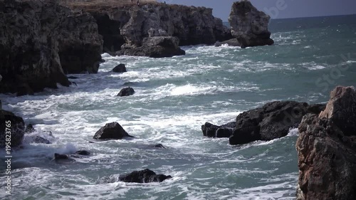 Storm on the sea in the Black Sea, stone coast, Bulgaria, near the village of Tyulenovo photo