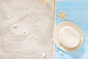 Top view straw hat with copy space. Traveler accessories on sand. Travel vacation concept. Summer background