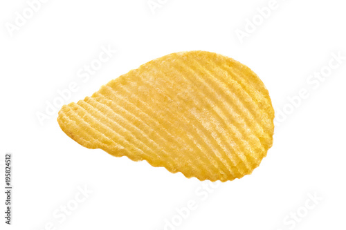 Single potato chip on white background close-up isolated