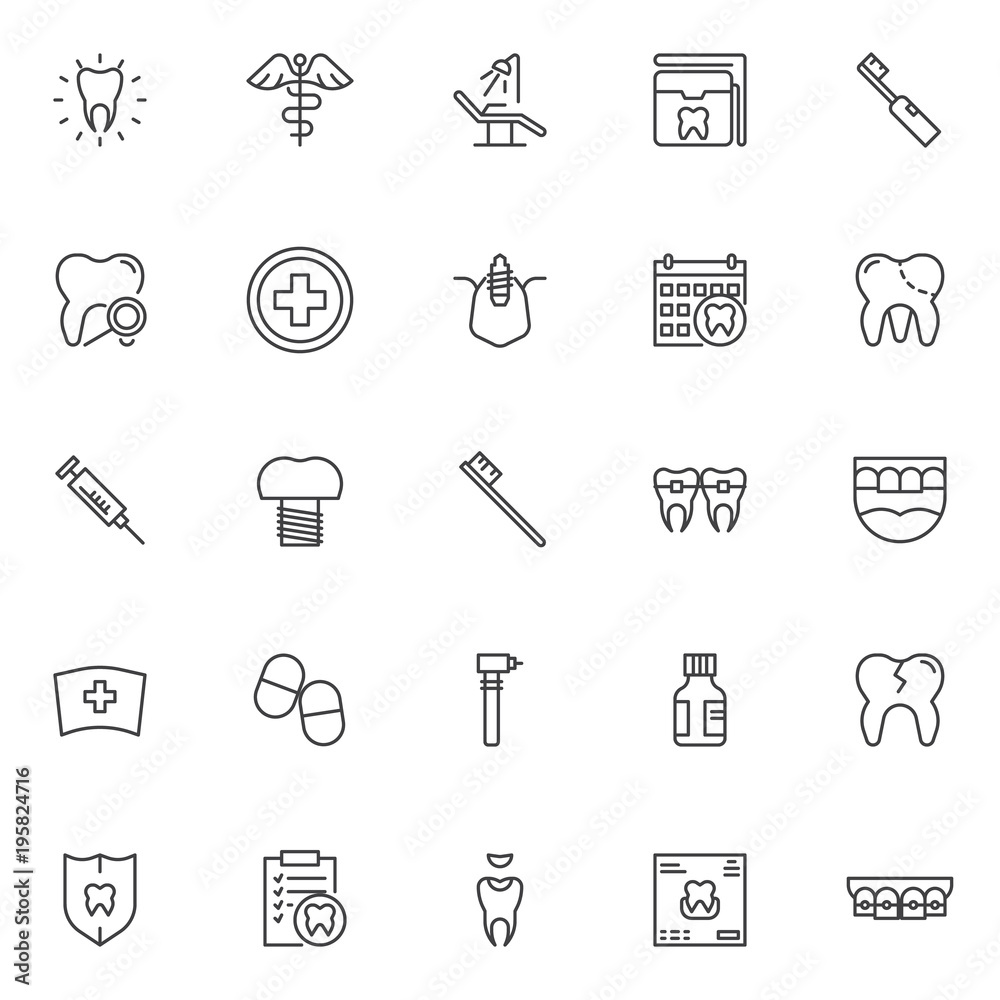 Dental outline icons set. linear style symbols collection, line signs pack. vector graphics. Set includes icons as healthy clean tooth, caduceus, dentist chair, brackets jaw, drill, orthodontic braces Dental outline icons set. linear style symbols collection, line signs pack. vector graphics. Set includes icons as healthy clean tooth, caduceus, dentist chair, brackets jaw, drill, orthodontic braces