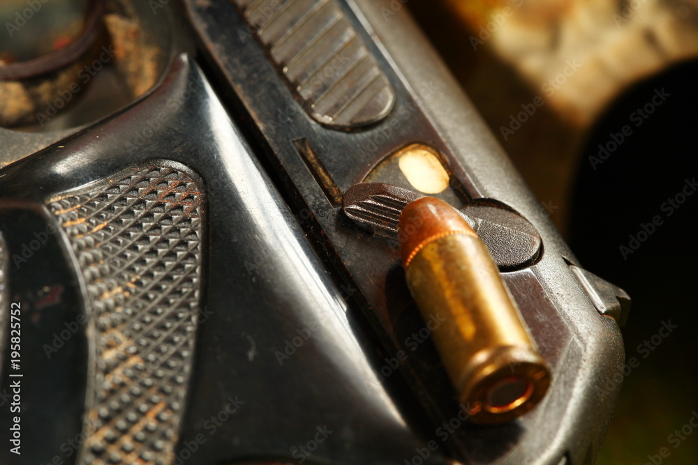 The old and dirty pistol bullet put on gun scene represent the weapon and bullet concept related idea.