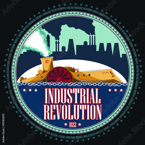 Steamboat on the industrial landscape. Emblem on theme of technology development. The smoking factory pipes. Background and text are located on separate layers and can be easily disabled.