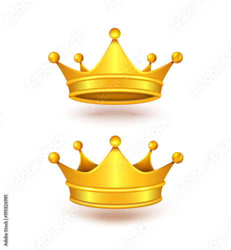 Vector realistic set of two golden crowns, metal headdress of royal person, emperor, monarch, king or queen isolated on background. Symbol of power, monarchy, success, wealth, element of vip emblem