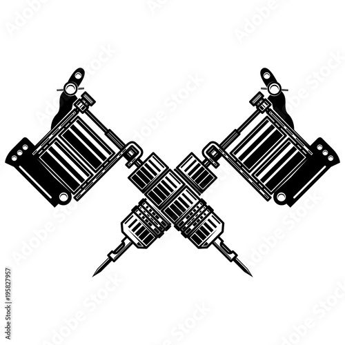 Crossed tattoo machines isolated on  white background. Design element for poster, emblem, sign, badge.