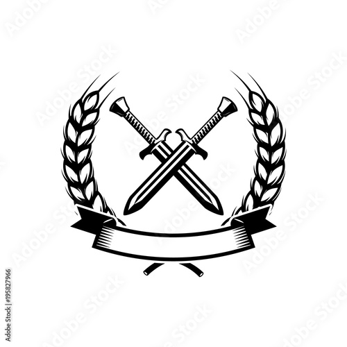 Emblem template with crossed swords. Design element for logo, label, emblem, sign.