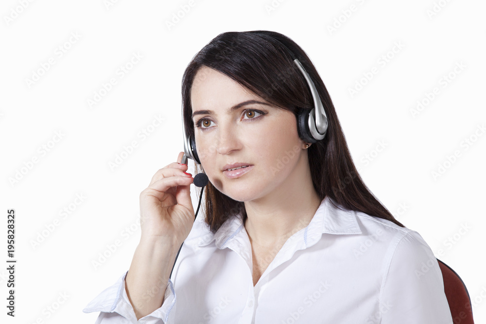 Operator of the call center. Woman with garnish on white background Operator of the call center. Woman with garnish on white background
