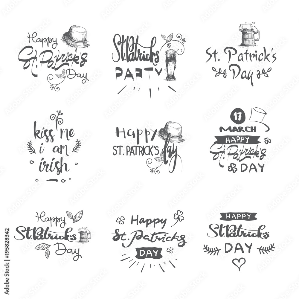 Happy Patricks Day Icons Set, Hand Drawn Lettering Typography Badges Design Vector Illustration
