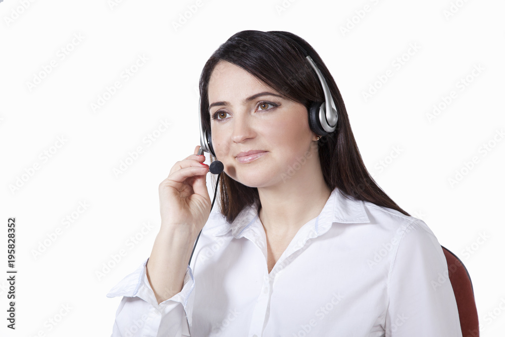 Responsive specialist Call center. Smiling woman in headset. Isolated on white background Responsive specialist Call center. Smiling woman in headset. Isolated on white background