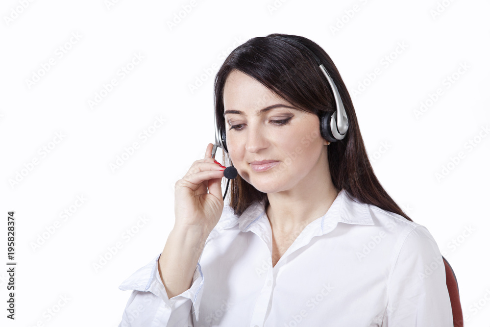 Friendly operator Call center. Specialist in working with customers. Woman with headset isolated on white background Friendly operator Call center. Specialist in working with customers. Woman with headset isolated on white background