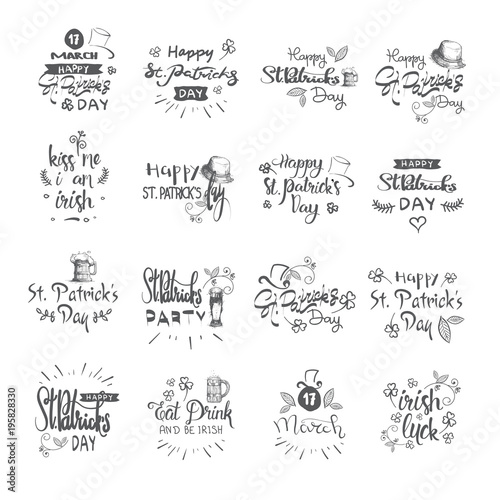 Happy St Patrick Day Calligraphy Set, Hand Drawing Irish Celebration Lettering Typography Icons Vector Illustration