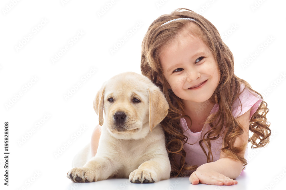 Girl with a labrador puppy, isolated on white Girl with a labrador puppy, isolated on white
