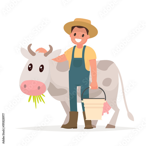 Farmer and cow. Agriculture. Vector illustration