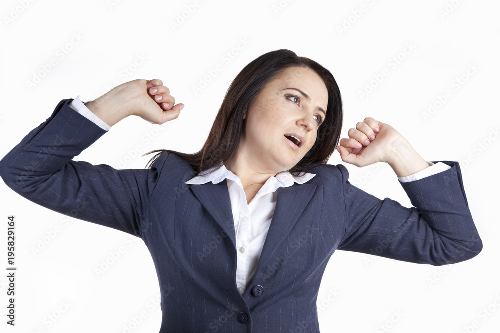 Sleepy manager. Woman yawns and pulls his hands up. Isolated on white background Sleepy manager. Woman yawns and pulls his hands up. Isolated on white background